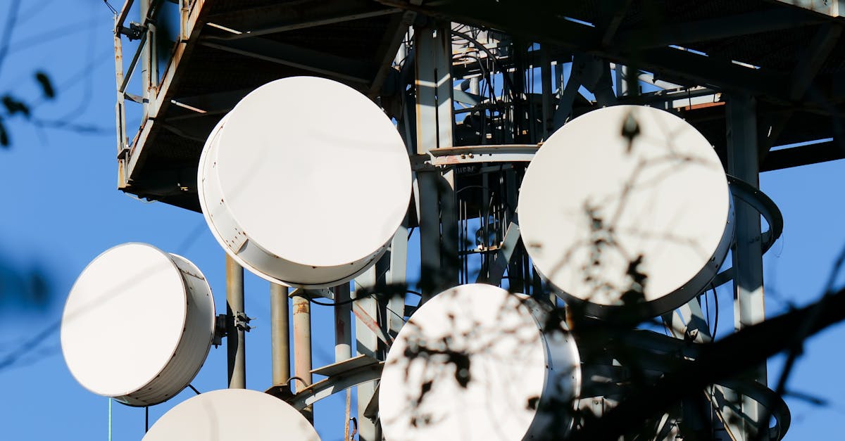 Telecommunication tower with antennas and satellite dishes seen through branches in Podgarić, Croatia.